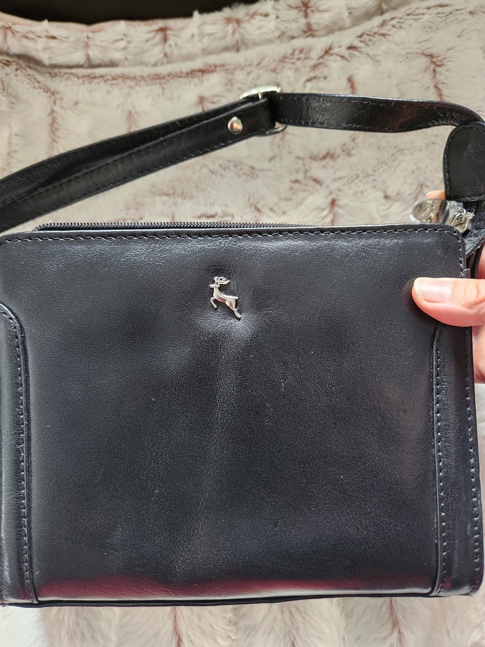 Black Leather Messenger Bag with Deer Emblem